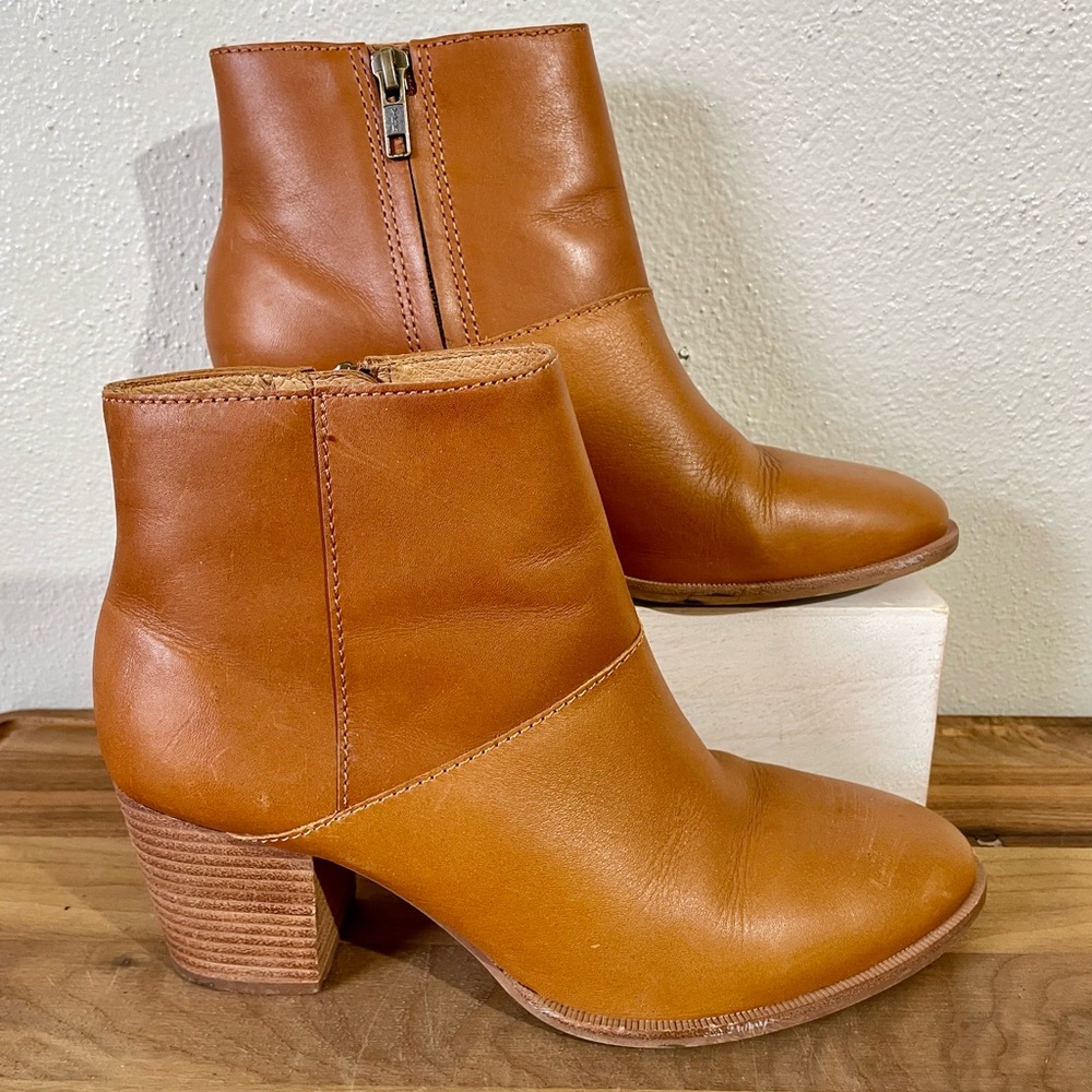 Madewell Rosie Leather Ankle Boots Sz 7.5 Zip Cognac Block Heel Everyday Neutral